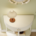 Artisan-Crafted Wave-Pattern Demi-Lune Console Table with Creamy White Finish,Unique Half Moon Design End Table with 2 Storage Drawers and Bottom Shelf for Living room, Bedroom, Study, Hallway - Image 13
