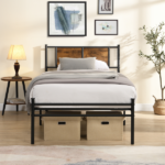 Twin XL Size metal bedframe,Headboard with wood panel decoration,black - Image 12