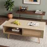 41.3 Inch Rattan Coffee Table with Sliding Storage Door, Rectangle Wooden Accent Center Sofa Table with Solid Wood Legs,Suitable for Living Room,Natural (Shipment from Walmart) - Image 6