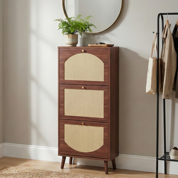 Rattan-covered 3-drawer shoe cabinet, particleboard, 54*24*135 cm, brown