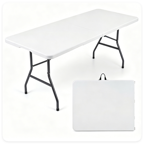 White 71 Inch Portable Foldable Camping Table, HDPE Waterproof Easy Clean Plastic Outdoor Table with Lockable Metal Legs, Half Fold Design Compact Storage Utility Table for Picnic Wedding Backyard Event