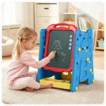 Blue 3-in-1 Kids Double Sided Art Easel, Magnetic Whiteboard & Chalkboard Standing Drawing Board with Adjustable Height Angle, Storage Tray Book Rack Complete Painting Accessories PP Play Easel Gift - Image 8