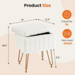 Square Ottoman with Storage, Makeup Cute Soft Small Footstool, Modern Style Faux Fur Seat with 4 Metal Legs & Adjustable Feet for Dressing, Living Room Bedroom Dorm, White - Image 2