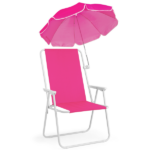 1 Pack Folding Beach Chair with Umbrella, XL Size, 15" Seat Height, Barbie Pink, Steel Spring Chair with Cross Bar, Oxford Cloth, 120kg Capacity