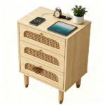 3-Drawer Nightstand with Rattan-Style Finish 15.75"*13.78"*23.82" with Power Outlet Oak - Image 4