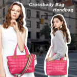 Puffer Tote Bag for Women with Zipper, Quilted Puffy bag Lightweight Crossbody Hobo Padded Handbag with Strap-Rose - Image 5