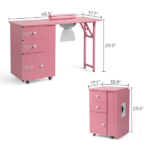 Nail Desk Folding Table, Pink MDF Manicure Station w/ 2 Drawers & 1 Door Cabinet for Nail Art Salon Home Beauty - Image 5