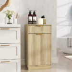 10-Gallon Woodgrain Tilt-Out Trash Can Cabinet with Wave-Textured Drawer & Pull-Out Bin - Multipurpose Kitchen/Bath Organizer in Oak Finish - Image 16