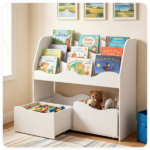 3-Tier Kids Bookshelf Toy Storage Organizer with 2 Rolling Drawers, Rounded Corner Anti-Tipping Toddler Bookcase Engineered Wood for Playroom Bedroom Nursery Classroom - White - Image 5