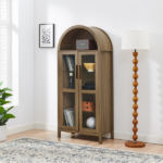 A high arched storage cabinet with a lamp, a modern retro-style wooden storage cabinet with adjustable glass partitions, suitable for use as a multi-functional cabinet in kitchens-Brown - Image 8