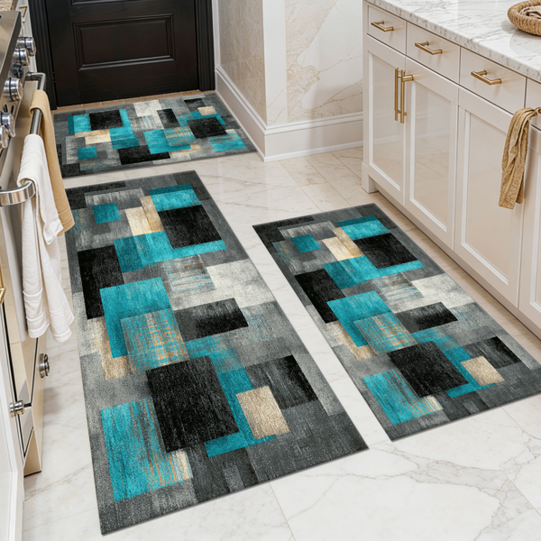 Three-piece kitchen rug set, non-slip and washable, abstract pattern kitchen hallway rug, soft and comfortable, suitable for sinks, floors, entrances, hallways and bathrooms.