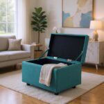Blue Linen-Textured Storage Ottoman with Rubber Feet – 63×43×43cm Bench for Entryway, Bedroom or Living Room - Image 2