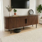 Walnut Embossed Particle Board TV Stand, Oval Tabletop 147×35×58cm, Modern Entertainment Center with Sliding Grid Doors, Media Console Cabinet for Living Room Bedroom - Image 3