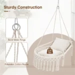 Beige Boho Macrame Hanging Swing Chair with 2 Padded Cushions, 330LBS Capacity Hammock Chair for Indoor Outdoor Bedroom Patio Balcony - Image 7
