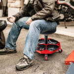 Red Heavy-Duty Adjustable Height Rolling Stool With Tool Tray Storage 330 LBS Capacity - Image 10