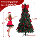 7.5 FT Artificial Christmas Tree with DIY 300 Warm White LED Lights, Hinged Xmas Pine Tree with Giant Bowknot and Red Ball Ornaments for Holiday Party Office Home, Dark Green Tree & Red Decor - Image 2