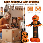 12ft Inflatable Halloween Decor with Skeleton Ribs, Pumpkin & Grim Reaper, 3 LED Lights + 115 Count String Lights, Black & Orange, 12V 2000mA US Power Adapter - Image 7