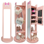Pink, bow-themed, MDF (medium-density fiberboard) painted finish, 1-door, 1-shelf, rotatable base, children's jewelry mirror cabinet - Image 14