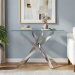 45 Inch Tempered Glass Entryway Table, Silver Chrome Metal Console Table with Adjustable Feet for Home Decor - Image 7