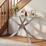 45 Inch Tempered Glass Entryway Table, Silver Chrome Metal Console Table with Adjustable Feet for Home Decor - Image 8