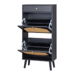 Rattan-front shoe cabinet with 1 drawer and 2 flip-down compartments, particleboard, 54*24*110cm, black - Image 3