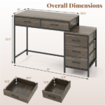 5 Drawer Computer Desk with Reversible Drawers & Printer Shelf, Industrial Home Office Writing Desk with Metal Frame - Oak - Image 4