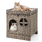 2-Tier Wicker Cat Condo with Litter Mat - Hidden Litter Box Enclosure, Detachable Washable Cushion, Gray Rattan - Image 3