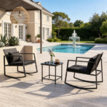 3-Piece Outdoor Wicker Rocking Chair Set, Patio Conversation Furniture with Tempered Glass Side Table & Washable Cushions for Garden Backyard Poolside - Black - Image 5