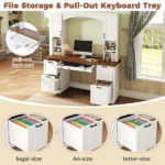 Farmhouse Arched Computer Desk with Hutch, Mid-Century Walnut Home Office Workstation with Charging Station & Keyboard Tray, All-in-One Writing Desk with File Drawer for Study, Office, White - Image 12