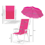 1 Pack Folding Beach Chair with Umbrella, XL Size, 15" Seat Height, Barbie Pink, Steel Spring Chair with Cross Bar, Oxford Cloth, 120kg Capacity - Image 7