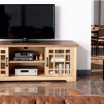 57.87 Inch TV Stand with Deep Brown Top & Natural Wood Cabinet - Double Glass Door Media Console, Laminate Particle Board Entertainment Center for TVs Up to 65 Inches - Image 12