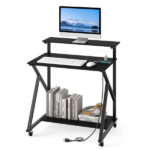 Black Rolling Computer Desk with Power Strip 32" Mobile Office Desk with Monitor Stand - Image 2