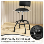 Adjustable Height Swivel Bar Stool with Wheels, 360° Rolling PU Leather Counter Bar Chair with Backrest Footrest, Height 26"-30.5" Metal Frame Dining Stool for Kitchen Island Home Bar Black - Image 9