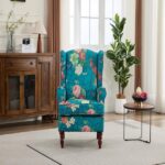 Modern Accent Chair with Retro Wood Legs, Comfy Upholstered Armchair, Floral Design Single Sofa Chair for Living Room Bedroom Office - Floral Cyan - Image 7