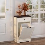 10 Gallon Tilt Out Trash Cabinet Freestanding Trash Bin Cabinet Wood Garbage Recycling Cabinet with Hideaway Drawer Pet Proof Trash Can Holder for Kitchen Living Room, Antique White (not include can) - Image 12