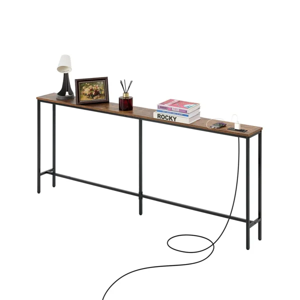 Slim Hallway Console Table, 70.9” Power Outlet Incorporated Couch Table, Single-Tier Extended Entryway Table, Slimline Sofa Table with Metallic Structure and Charging Dock, Ideal for Foyer (Shipment from Walmart)