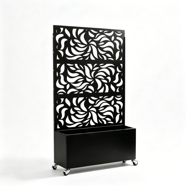70.87" H × 46.06" W Leaf Pattern Privacy Screen with Planter Box, Black Metal Freestanding Decorative Fence Planter for Patio Balcony Backyard
