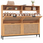 Boho Style Shoe Cabinet Cabinet with 4 Flip Drawers & Open Shelves, Freestanding Shoe Organizer for Entryway