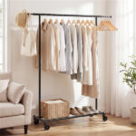 Adjustable Metal Rolling Clothes Rack with Extendable Rods, 104.1-156.2×44.45×154.94cm, 3.86kg Heavy Duty Garment Rack - Image 2