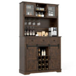 Brown Farmhouse 72" Pantry Cabinet with Hutch, Sliding Barn Doors & Wine Storage Rack