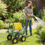 Heavy Duty Garden Hose Reel Cart with 10" Pneumatic Wheels, Large Capacity Hose Winder with Storage Basket & Brass Fittings -Green - Image 2