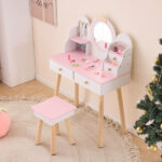 White and pink crown element, MDF + particleboard + solid wood legs, painted and melamine laminated, 4-drawer children's dressing table set - Image 9