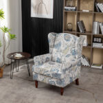 Modern Accent Chair with Retro Wood Legs, Comfy Upholstered Armchair, Floral Design Single Sofa Chair for Living Room Bedroom Office - Floral Blue
