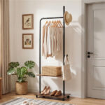 Industrial Rolling Clothing Rack with 2 Wooden Shelves & Hooks, Freestanding Garment Rack for Bedroom Entryway - Image 2