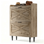 2-Drawer Barn Door Shoe Cabinet with Side Panel Countertop Melamine Board Embossed MDF Shoe Cabinet 31.61*9.45*39.37in Grey Oak - Image 4
