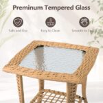 Outdoor Wicker Side Table, Rattan End Table with Glass Top, Patio Coffee Bistro Table for Indoor Garden Porch Balcony, Beige - Image 7