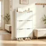 (Do Not Sale on Amazon) 3-Drawer Shoe Cabinet with Top Grille Panel MDF Door Panels with Thermoforming + Champagne Gold Door Seams and Handles + Conical White Solid Wood Legs for the Shoe Cabinet 31.61*9.45*52.95in White