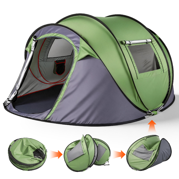 8a793cca-8225-4e90-b72e-beaa46a659a5.png 4 Person Pop Up Tent for Camping, Waterproof Instant Family Tent with Front Awning, Automatic Tent Throw Pop Up Instant Flip Pop Tent for Camping, Green - Image 1