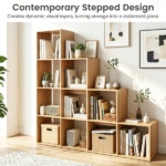 Natural Stepped 10-Cube Open Bookshelf 4-Tier Engineered Wood Storage Display Rack with Anti-Tipping Kits, Freestanding Book Organizer for Living Room Bedroom Hallway Office - Image 10
