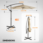 10FT Round Offset Patio Umbrella, Banana Hanging Cantilever Umbrella with 60° Adjustable Angle, Crank System, Cross Base & Pole Sleeve, UPF 50+ Waterproof Polyester Canopy, 6 Iron Ribs for Garden Deck Backyard, Khaki - Image 13
